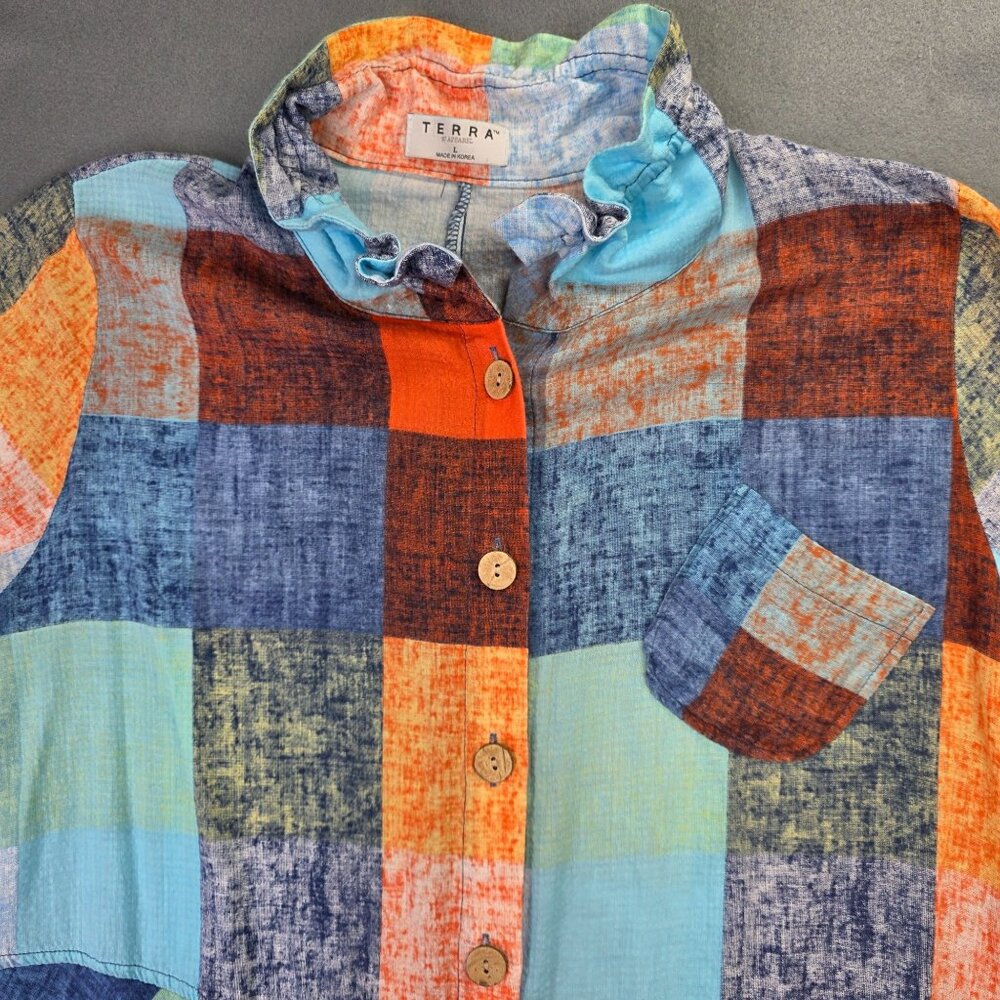 Terra Shirt Womens L Colorful Patchwork Wire Ruffle Collar Boho Tunic SJ Apparel - Picture 4 of 15